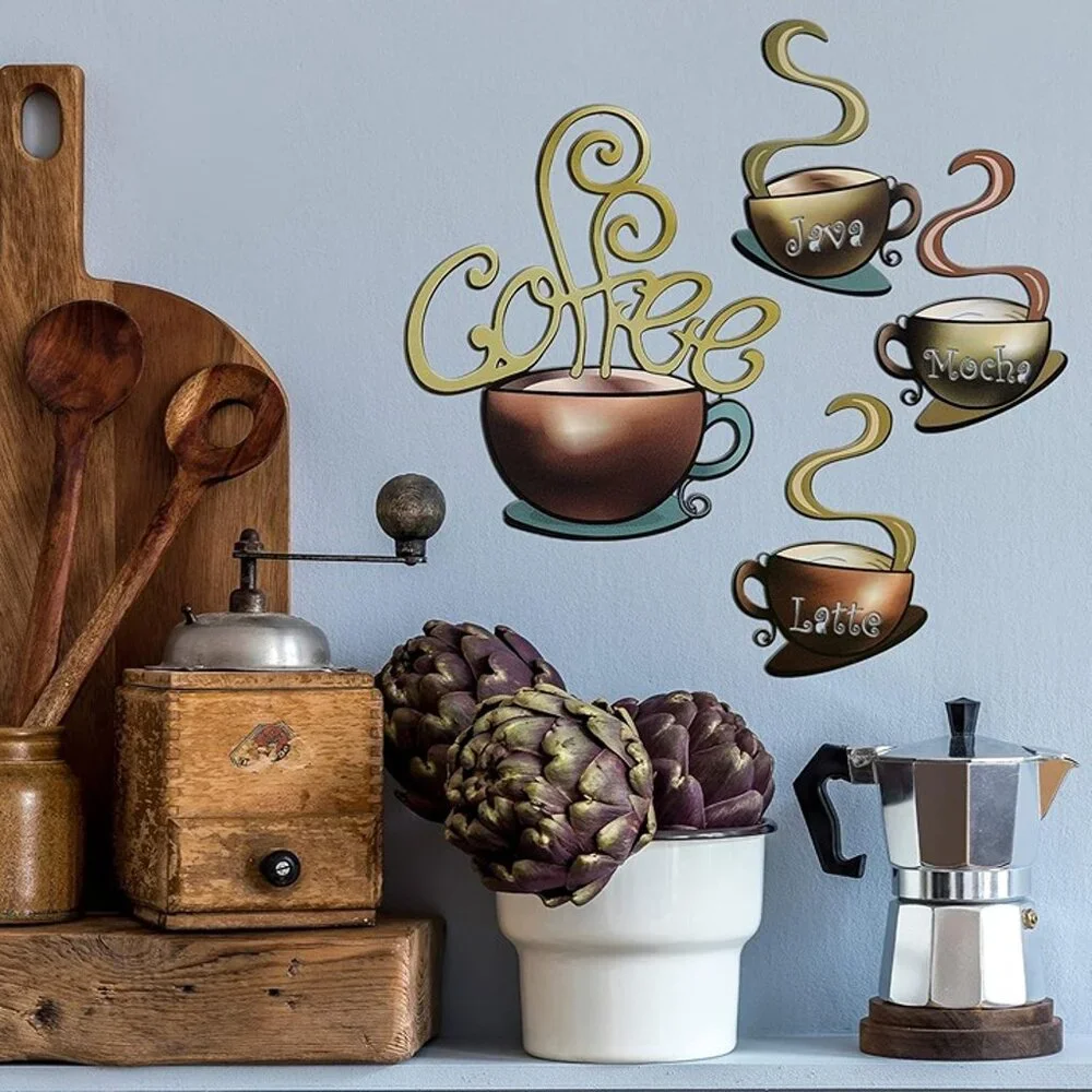 NEW  4 Pieces Metal Coffee Cup Wall Decor Coffee Bar Decor Coffee Decor Cafe - Picture 8 of 9
